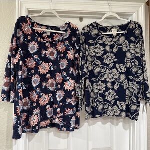 Chico's Lot of 2 SZ 3 (XL) Tops 3/4 Sleeve Navy Florals
